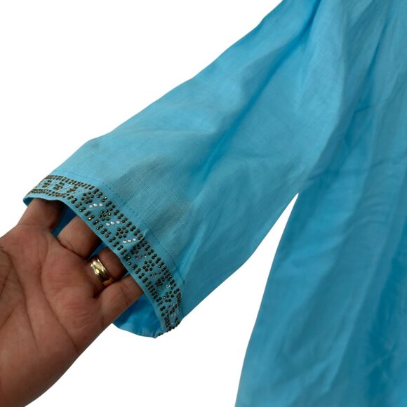 Peck & Peck Blue Embroidered Linen Tunic Top 3/4 Sleeves & Split Neckline-SZ XL - Picture 7 of 12